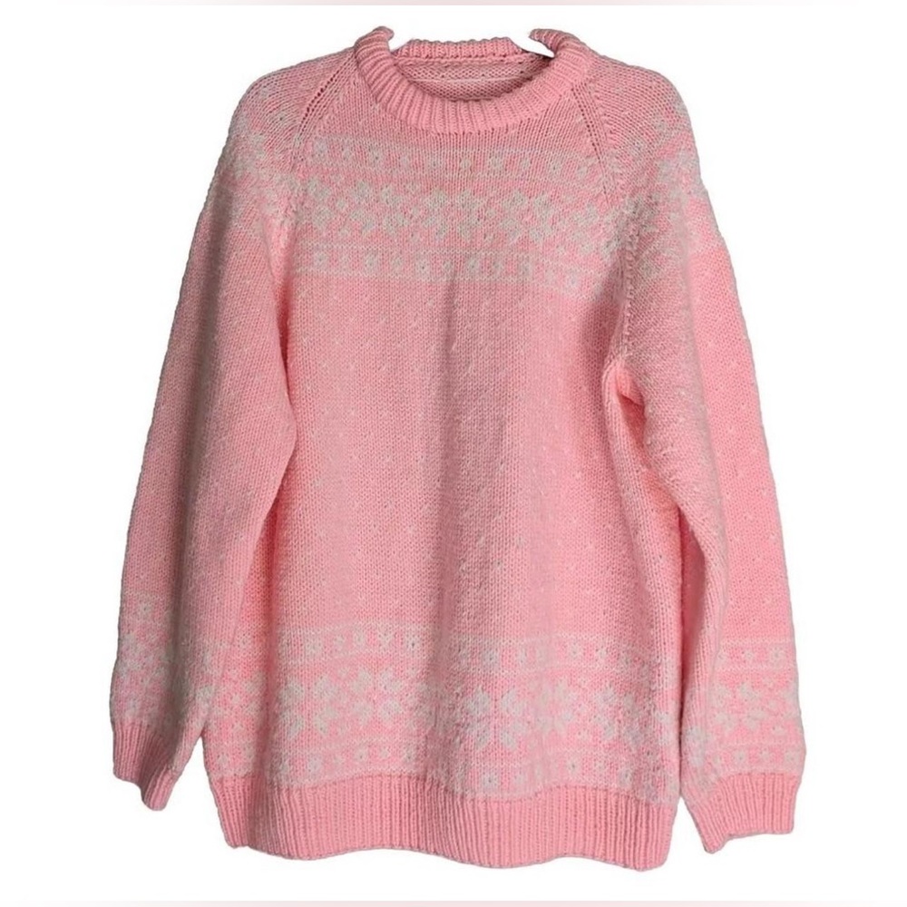 Vintage Handknit Barbie Pink White Fairisle Fall Winter Oversized Cozy Sweater